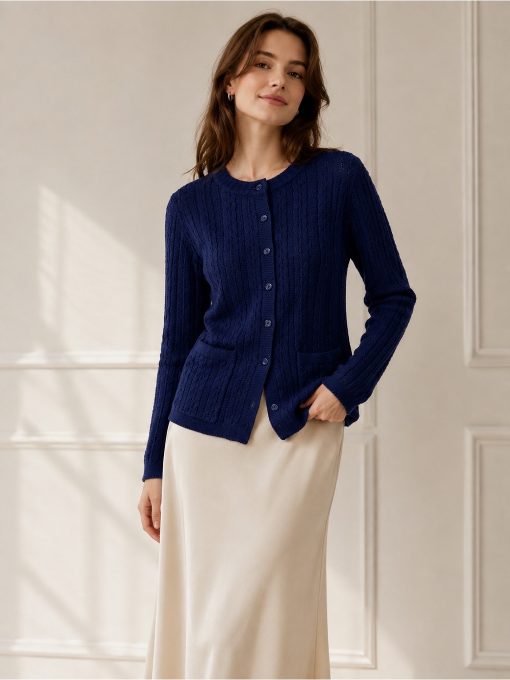 Anthony Richards Women’s Navy Blue Openwork Knit Cardigan Sweater – Size MP